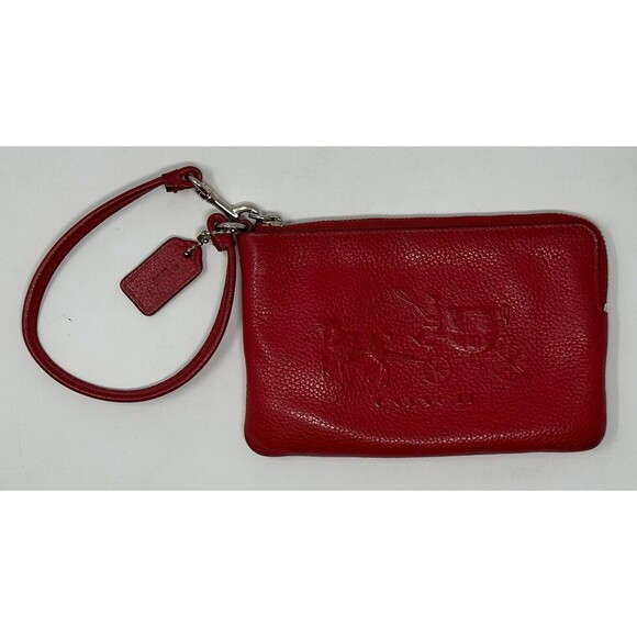 Coach Vintage Red Wristlet Wallet Pebbles Leather Zip Up Strap Stagecoach - Picture 1 of 10
